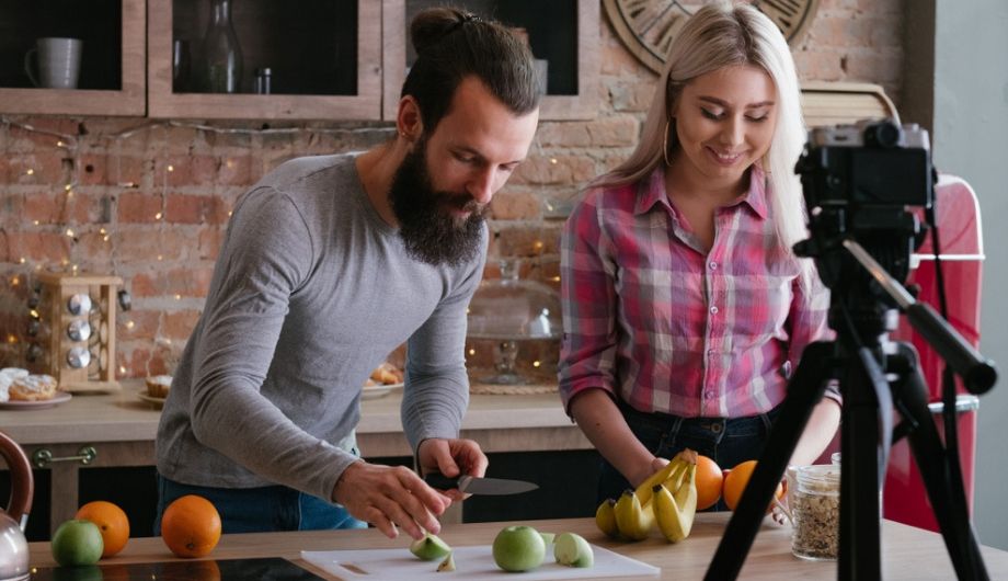 Vlog on healthy nutrition. Food blog Young couple